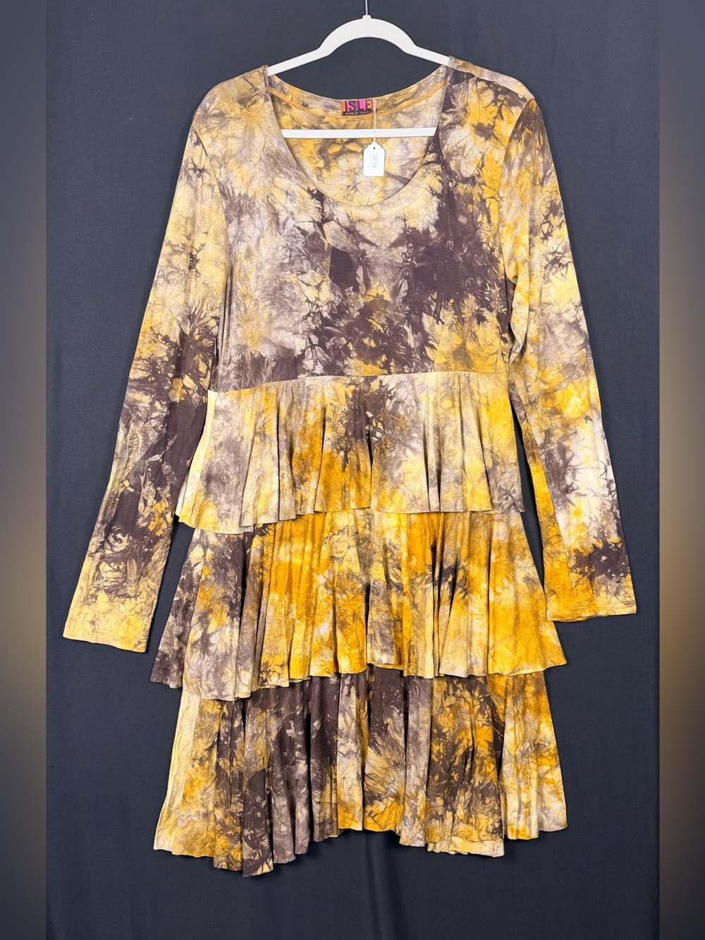ISLE Yellow Brown Tie-Dye Tiered Midi Dress comfy flowy stretchy campus wear